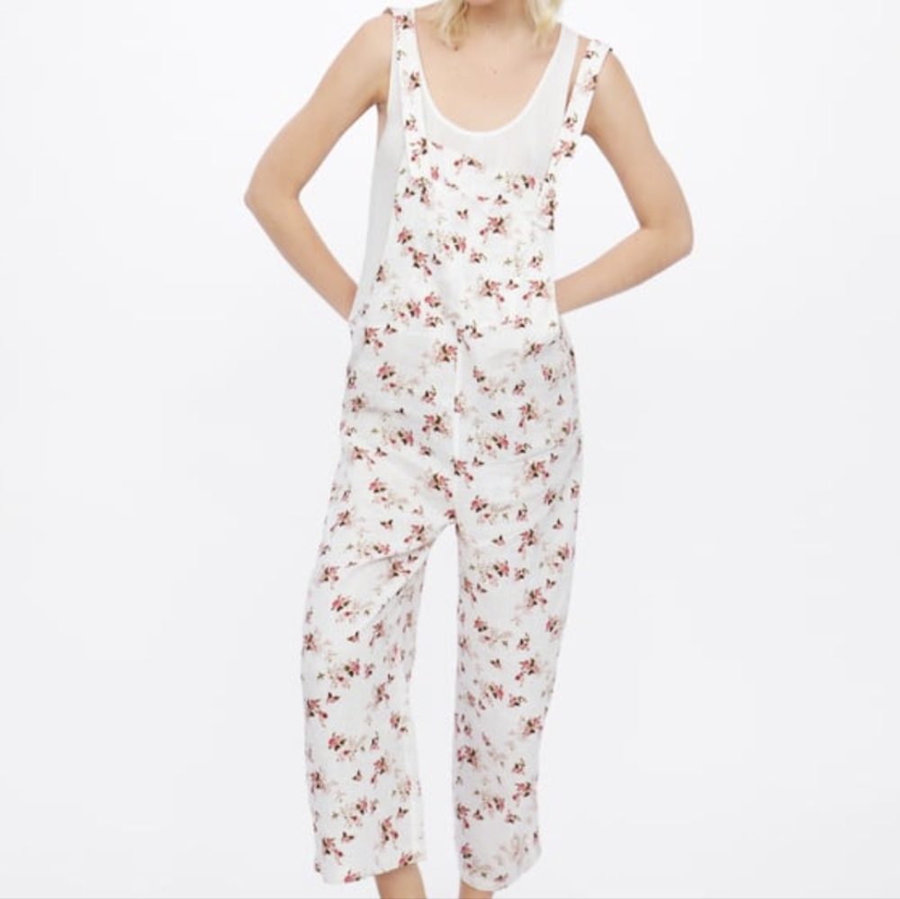Zara women's white floral linen jumpsuit overalls